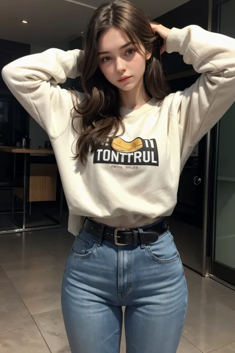 Beautiful 20-year-old brunette girl wearing a sweatshirt and high-waisted jeans and wearing a black belt with her hand on her head