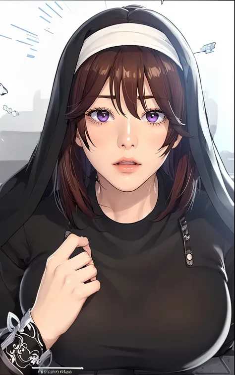 (((Perfect figure,figure,solo, White and tender skin,(((cyberpunk,Black dress,White cardigan sweater, ))),(((junescdef,brown hair,purple eyes,medium hair,))),((masterpiece)),high resolution, ((Best quality at best)),masterpiece,quality,Best quality,((( Exq...
