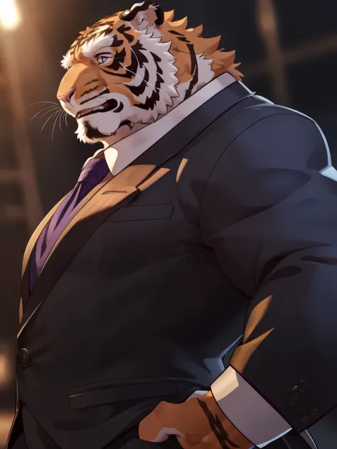 anthro, kemono, male, solo, standing with one hand in pocket, (((tiger))), white eyebrows, simple background, mature, suit, huge...