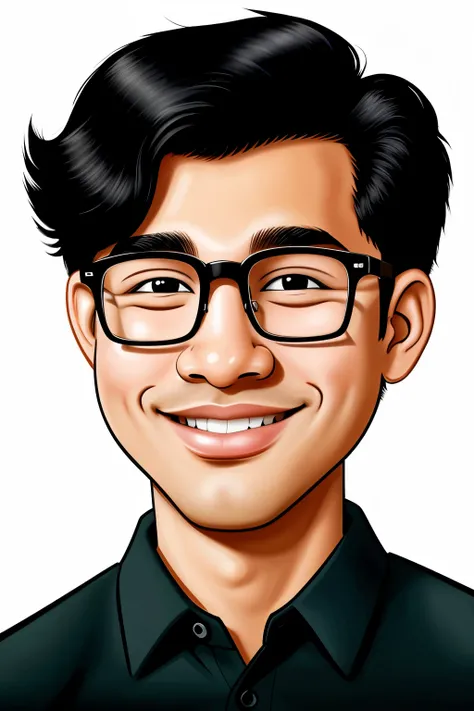 ((Best Quality)), an animated caricature of a boy with formulated glasses with medium wavy black skin-colored hair