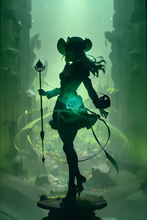 imagine stylized 3d clock and a rose on side, no background magic medieval, mage girl with mage hat, green clothes, tree staff