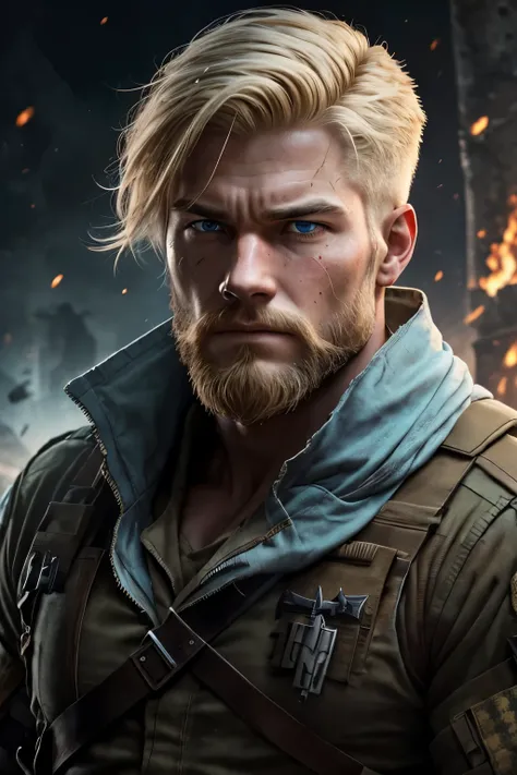 Blond, short and disheveled. Beard: Well-groomed, matching the hair color. Eyes: Light blue, with an intense and deep gaze. Physical appearance: Robust and athletic, evidencing strength and physical conditioning. Posture: Firm and disciplined, reflecting h...