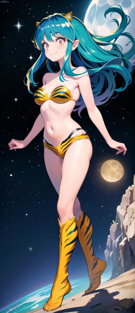 1girl, lum, blue hair, horns, strapless tiger bikini, tiger boots, in outer space, next to the moon, cute, full_body, smile, floating, 