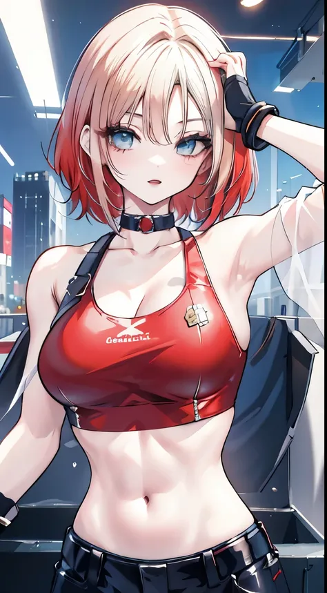 tmasterpiece,, Best quality at best, A high resolution, 1girll， with short golden hair，Red clotheary，hason, Crop top, (Large breasts 1.4), nabel，Fighting posture，cyber punk perssonage，City streets