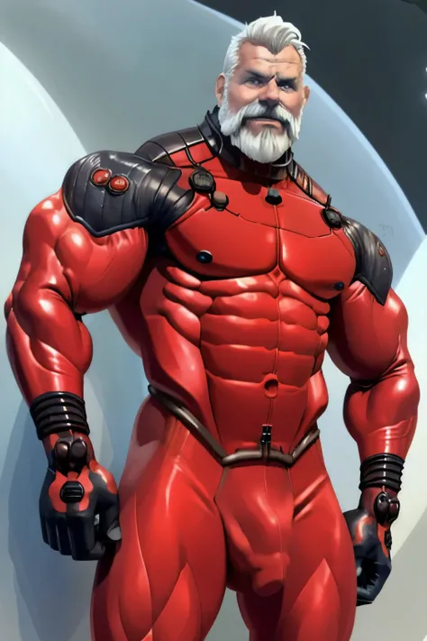 (masterpiece, best quality), 1 old man, white hair and beard, handsome beautiful face, muscle male, beautiful body, wearing asuka plugsuit, bodysuit, interface headset, red bodysuit, nice bulge, nicebulge,