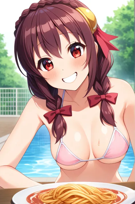 alone, One girl, Yunyun、blush , Crown braids of the same color as your hair, Red Eyes、hair ornaments, Hair Ribbon, (White and pink bikini)、Poolside、Eating fried noodles on a plate、So wet、(A big, wide smile:1.5)