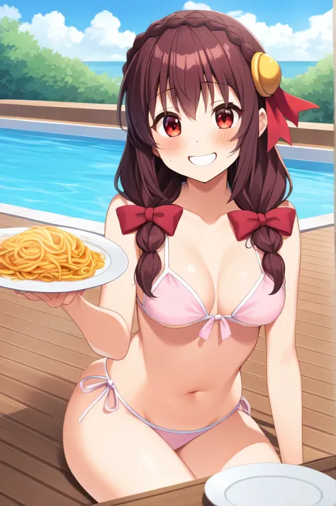 alone, One girl, Yunyun、blush , Crown braids of the same color as your hair, Red Eyes、hair ornaments, Hair Ribbon, (White and pink bikini)、Poolside、Eating fried noodles on a plate、So wet、(A big, wide smile:1.5)