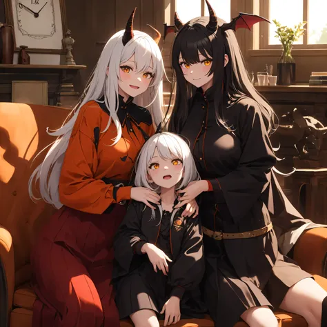 giggles, white hair, horn bat wing, black and red horn, yellow eyes, red black facepain bellow cheek, indoors, living room, crim...