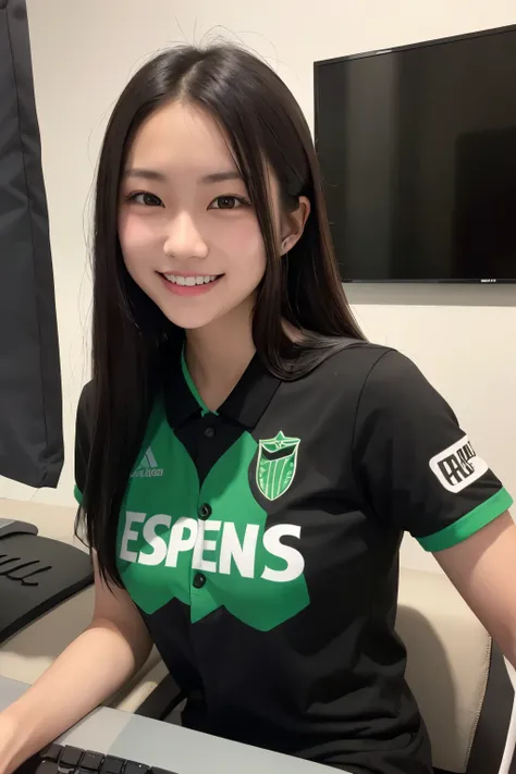 A beautiful Asian girl smiling passionately, this girl is dressed in a black esports team uniform with green details, written JAH not uniform dela, She is in an e-sports themed room