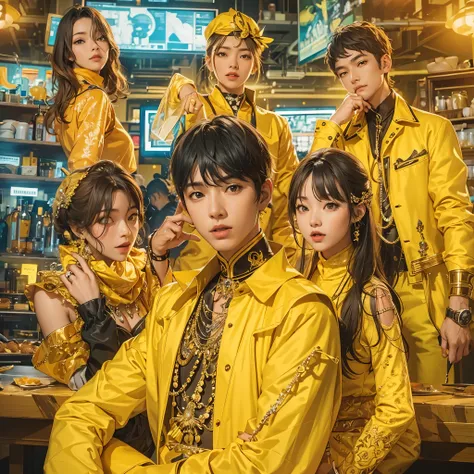 A man dressed as a master craftsman in yellow and a man dressed as an entrepreneur in yellow、Adventurer man wearing yellow clothes、A quartet of female entertainers dressed in yellow。Stylish and cool with a fashion model-like pose、Make it look like a K-pop ...