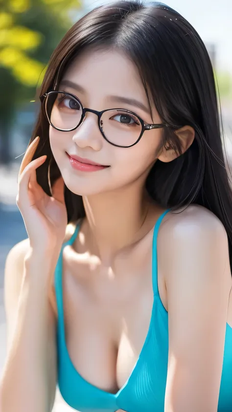 Create an ultra-realistic image of a 21-year-old Japanese woman named Kotone wearing glasses. She has extremely long, perfectly straight black hair that flows down to her waist, with blunt bangs that cover her forehead. Her eyes are large, enchanting, and ...