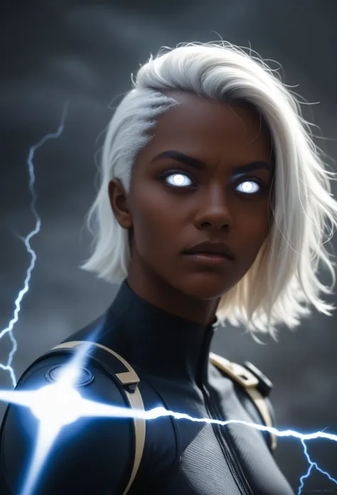 Superhero Storm from X-Men, beyunka ,african girl, white hair mohawkhaircut, shaven sides of the head, white glowing eyes, wlieding lightning, combat stance, highly detailed, vibrant appearance, creative behavior, extremly detailed, imaginative, sensual, s...