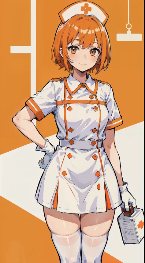 1girl in, Nurse, Nurse Cap, Whiteware, White stockings, White Gloves, Very short hair, Orange hair, Smile, Standing, hospitals, sharp outline, zettai ryouiki, Short sleeves, Tomboy, boyish, Best Quality, masutepiece