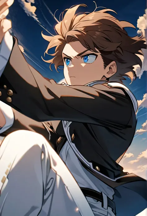 A serious brown-haired, Wavy shoulder-length blue-eyed 17 years old boy, With a black jacket with white details and white pants, Good anatomy, great pose, just, Scene in the sky, character falling, calm, clear, sky, clouds, Boku no hero academy style