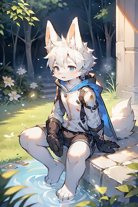 Arctic Hare Boy，Bunny ears，Furry boys，Baby characteristics，White skin，White Arm，White hair，Brave Suit，shorts，Rural courtyard background