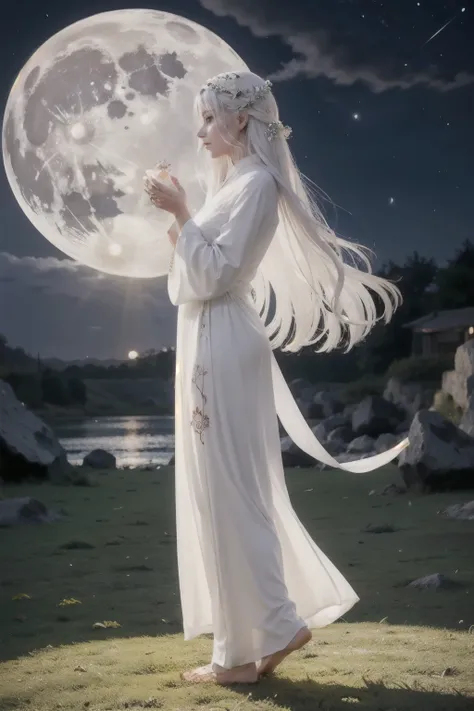 a woman in an elegant white dress embroidered with mystical symbols, walking in the grass under a full moon, ((night)), ((dark s...