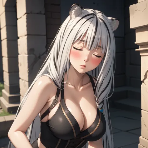 Atlas Fayon woman 40 years old, white hair with black stripes ,white tiger ears, closed eyes, mujer ciega con closed eyes, serious expression, blush,  Pale skin, big breasts, lara croft costume,  Lara Croft cosplay . background some ancient ruins neckline.