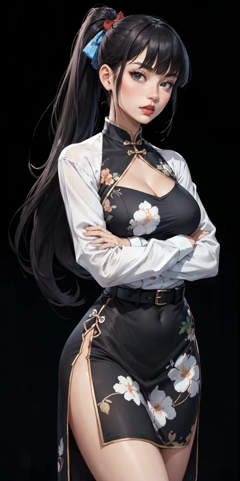 Masterpiece, top-quality, the best quality,1girl, solo, crossed arms, dress, white background, black hair, long hair, looking at viewer, simple background, chinese clothes, long sleeves, breasts, china dress, hair bow, cowboy shot, bow, red lips, side pony...