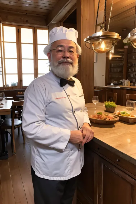 Standing in the kitchen of a warm French restaurant、Please draw a dignified elderly bear head chef.。He has silver fur and a white moustache.、Wearing round glasses。High resolution, 