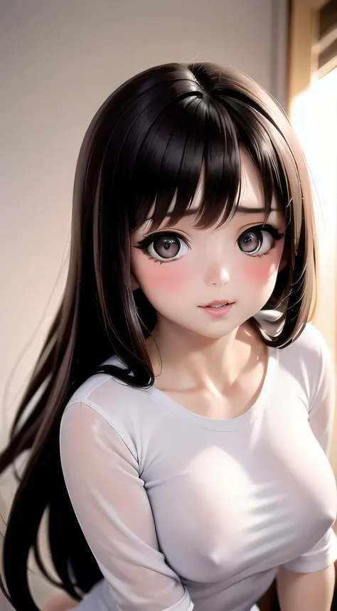 Sexy and cute woman, black brown hair, long hair, straight hair, weak eyes, blushing intensely, lips parted, ready to kiss, long oversized white shirt