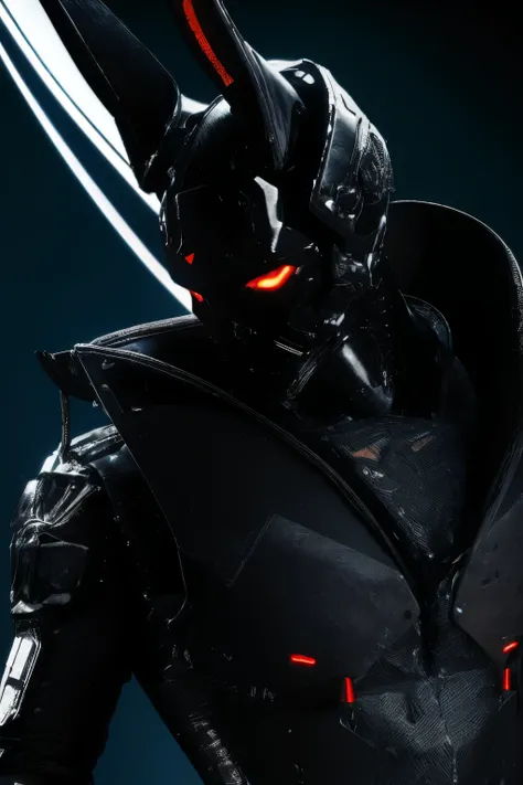 A sleek black rabbit in a high-definition, hyper-detailed cyberpunk setting, wearing a stylish black suit. The rabbit is equipped with intricate, meticulously crafted headgear and sunglasses. Focus on an ultra-realistic close-up shot of the face, with care...