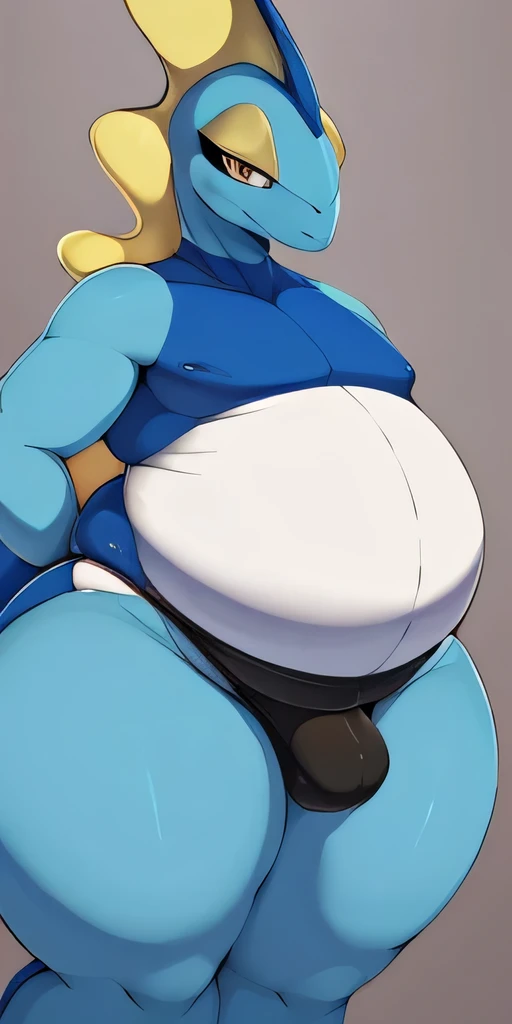 ((Inteleon)),masterpiece, nothing, beautiful lighting, Wide hips,((hyper thighs)), ((huge ass)), ((femboy)), bedroom background, genital bulge, full body, front view, hands on waist, white thong,((extreme obesity)), alone,((Blue skin)), front view