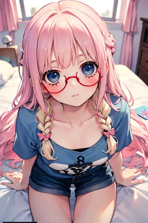 lightblue eyes,very thin thighs,summer clothes, highest quality,((blonde girl)),(braid hair:1.1),red cheek),glasses,close-up fac...