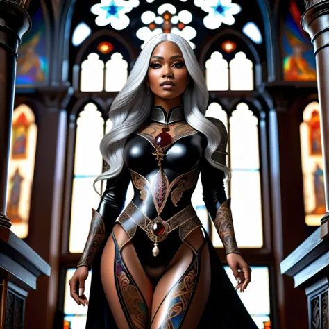 a detailed portrait of a beautiful nun with long white hair, wearing a black habit, holding a large cross and a bible, standing in an ornate church interior, (best quality,ultra highres,masterpiece:1.2),ultra-detailed,(realistic,photorealistic,photo-realis...