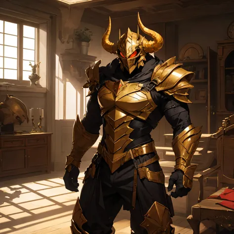 monster, golden armor, helmet with horns, orange glowing, indoors, living room, crimson room