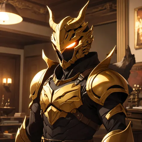 monster, golden armor, helmet with horns, orange glowing, indoors, living room, crimson room