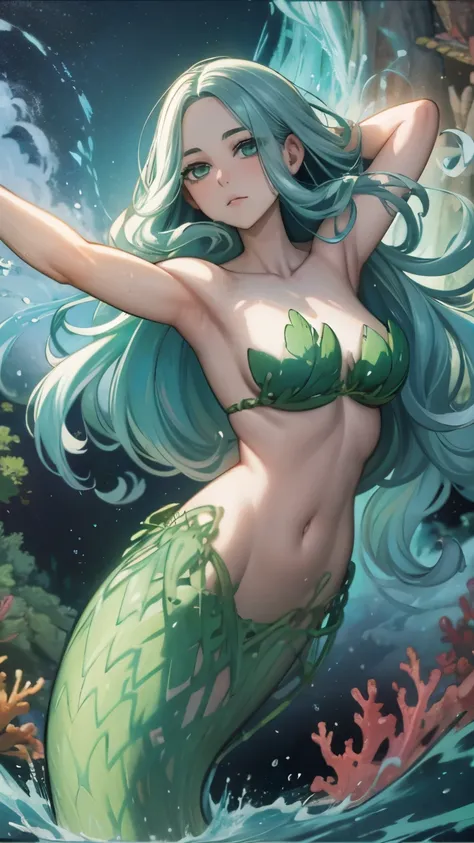 create an awe-inspiring oil painting that captures the enchanting beauty of a japanese mermaid gracefully gliding through the de...