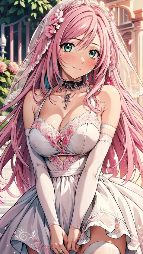 (masterpiece, best quality, beautiful and aesthetic:1.3), 1woman, mature woman,solo, light smile,  (Silver pink hair streaked red:1.4), (Gradient pink hair ends:1.6), hair strand, absurdly long hair, single sidelock, wavy hair, shiny hair, floating hair, (...