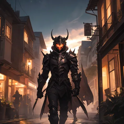 monster, female, black armor, helmet with horns, pink light glowing, cape, outdoors, village, walking