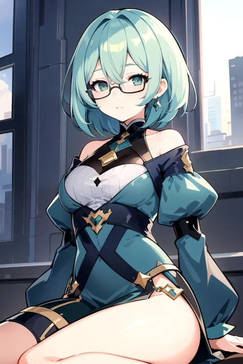 1girl, solo, (masterpiece, best quality:1.4), extremely detailed face, perfect lighting, manya, manya, hair over one eye, short hair, aqua hair, green eyes, glasses, forehead, bare shoulders,