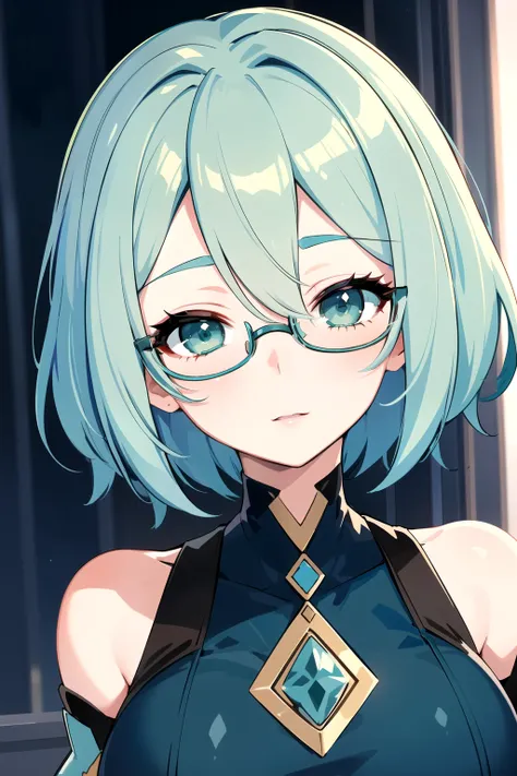 1girl, solo, (masterpiece, best quality:1.4), extremely detailed face, perfect lighting, manya, manya, hair over one eye, short hair, aqua hair, green eyes, glasses, forehead, bare shoulders,