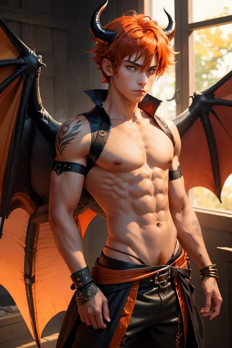 1boy, male, teen, cute face, tanned skin, dragon wings, black wings, dragon tail, black tail, dragon horns, fire hair, tangelo hair, orange hair, red hair, fiery hair, fiery mane, fluffy hair, red eyes, cut eyebrow, sexy, skimpy, musclar, knight