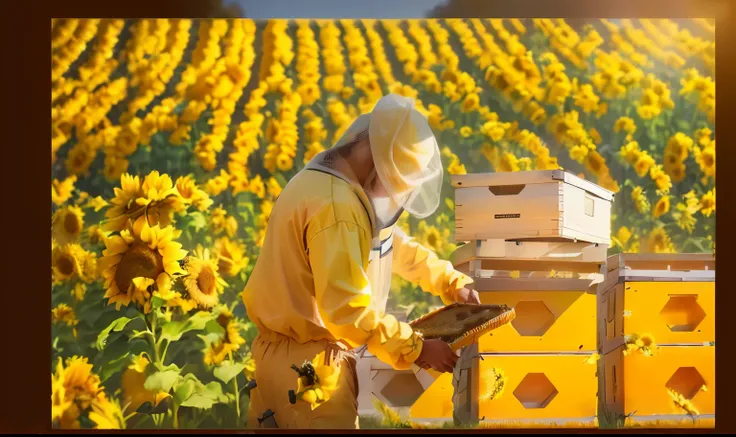 Beekeeper Arav keeping bees in a sunflower field, Surface urticaria, Honey and bee hive, Fantasy beekeeper, Honey, sunny, version 3, 2 0 2 2 Photos, photo shoot, great composition, agriculture, Block out the sun, Farmers, Taking care of the station, Media ...