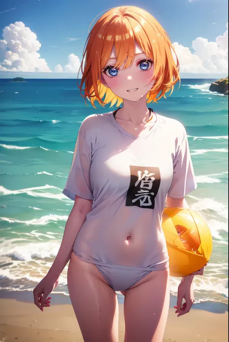 yotsubanakano, fourth floor nakano, bangs, short hair, blue eyes, hair between the eyes, orange hair, smile, grin,oversized t-sh...