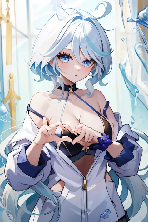 Furina,1girl,solo,long hair,ahoge,blue eyes,white hair,blue hair,bangs, off shoulder, collar bone, cleavage, look at viewer, perfect fingers, heart hands, own hands together