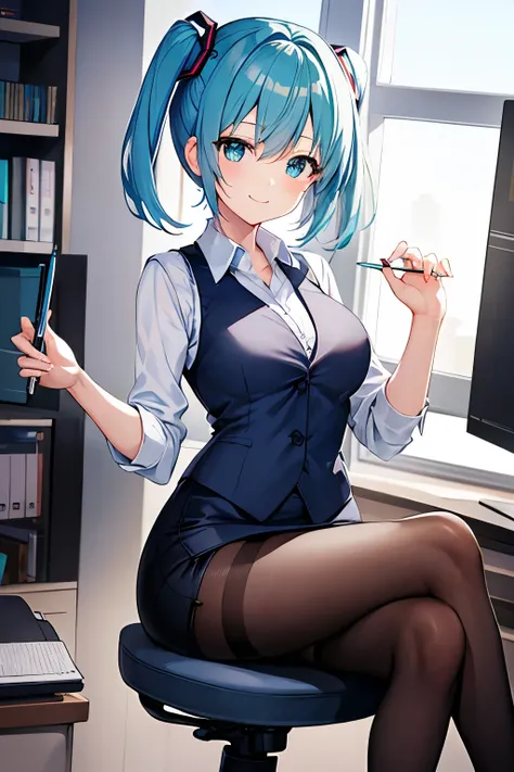 ​masterpiece、Top image quality、超A high resolution、miku hatsune、blue hairs、Twin-tailed、short hair、cute smile、white dress shirts、pencil skirt、oficce lady vest、firm breasts、well-shaped breasts、black pantyhose、sitting cross-legged in an office chair、office