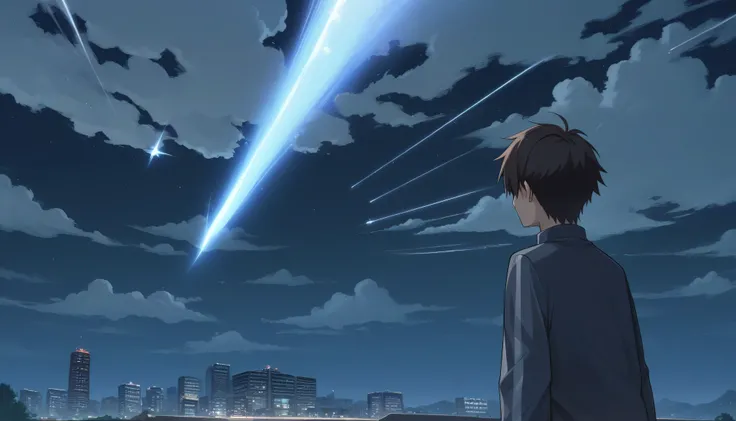 Anime scene of a woman watching a shooting star in the sky, yourname, yourname movie style, ( ( Makoto Shinkai ) ), Makoto Shinkai movie, Makoto Shinkai. —h 2160, Makoto Shinkai!, Makoto Shinkai!!, Incredible anime movie scenes, mokoto shinkai、8K