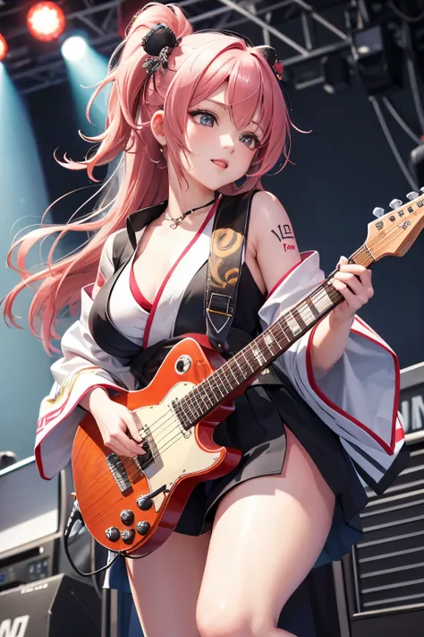 A Japanese anime-style girl in traditional attire, playing an electric guitar on stage at the beach music festival. She has dark pink hair with white and red highlights, wearing black high heels, a kimono dress with lace details, and she is adorned with ta...