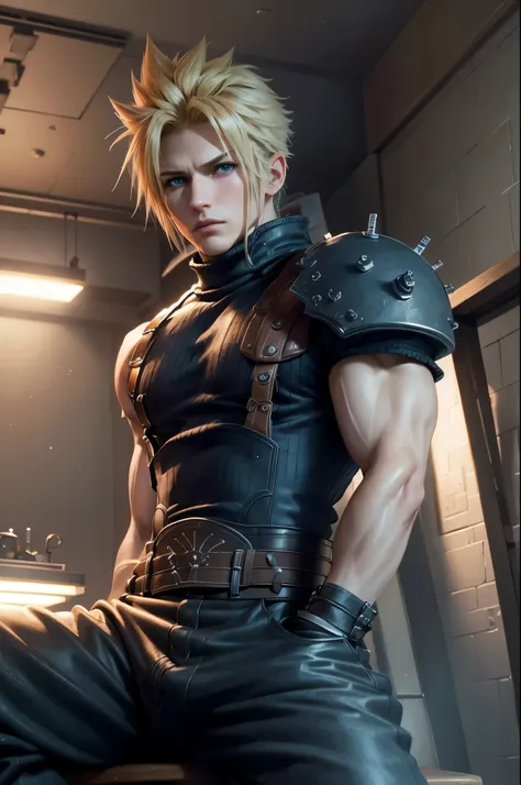 cloud,final fantasy vii,blonde, short hair,realistic, sitting on a bed in a dimly lit room,combat uniform,leather pants,boots,la...