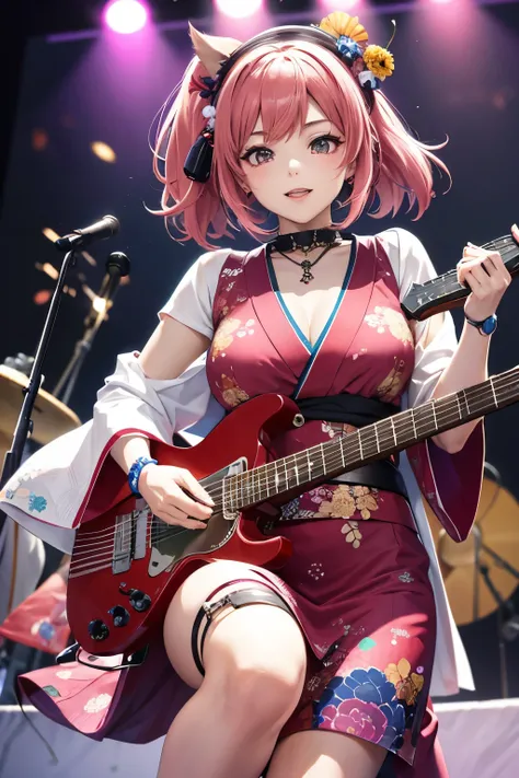 A Japanese anime-style girl in traditional attire, playing an electric guitar on stage at the beach music festival. She has dark pink hair with white and red highlights, wearing black high heels, a kimono dress with lace details, and she is adorned with ta...