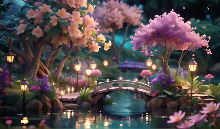 there is a a girl with purple hair on a small bridge over a pond with flowers and trees, 4k highly detailed digital art, beautiful art uhd 4 k, 8k high quality detailed art, 4k detailed digital art, beautiful render of a fairytale, 3d digital art 4k, beaut...