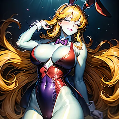  ((masterpiece,best quality,ultra-delicate,Perfect Face,16k,high resolution,very beautiful woman)),(blue skin:1.2,red sleeveless jacket), purple panties,bunny ears,large breasts,purple bowtie,gold long hair,smile,standing