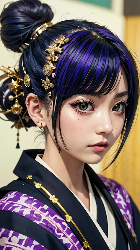 masterpiece, Highest quality, A solemn Japanese-style room with tatami mats, A large photograph of a woman from head to waist, (Close up on face:1.5), (Punk rock kimono, black地に赤＋gold:1.3), (black＋Purple hair color, Mid-length hair, Bun Hair), (blackい瞳, Sp...