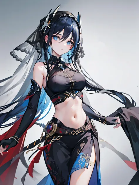 ((best quality)), ((masterpiece)), (detailed), 1girl, midriff, long black hair, blue highlights, face veil