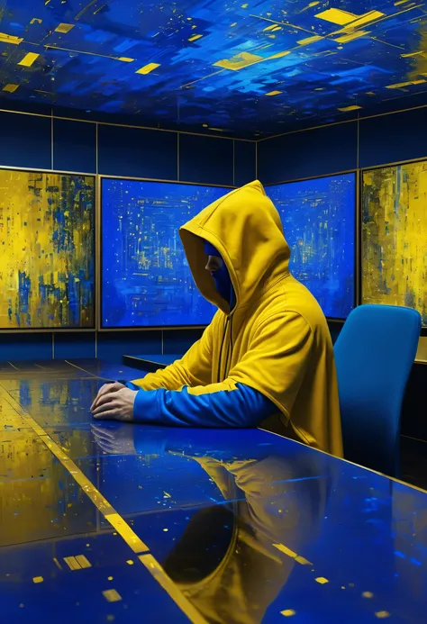 Hacker mysterious man with back and hooded, surrounded by tables and screens in a huge room seen in 3/4, screens with programming code, coding screen, royal blue, golden yellow, blue and yellow painting with high relief texture, 4D, 8k, high tech, futurist...