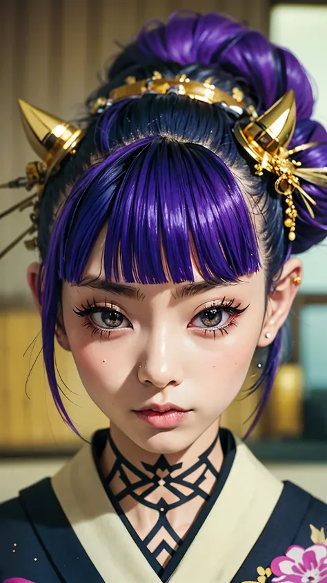 masterpiece, Highest quality, A solemn Japanese-style room with tatami mats, A large photograph of a woman from head to waist, (Close up on face:1.5), (Punk rock kimono, black地に赤+gold:1.3), (black+Purple hair color, Mid-length hair, Bun Hair), (blackい瞳, Sp...